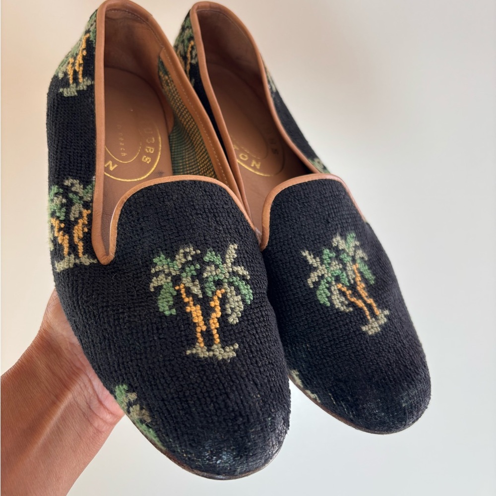 Stubbs & Wootton black velvet needlepoint slippers palm tree design size 7 1/2